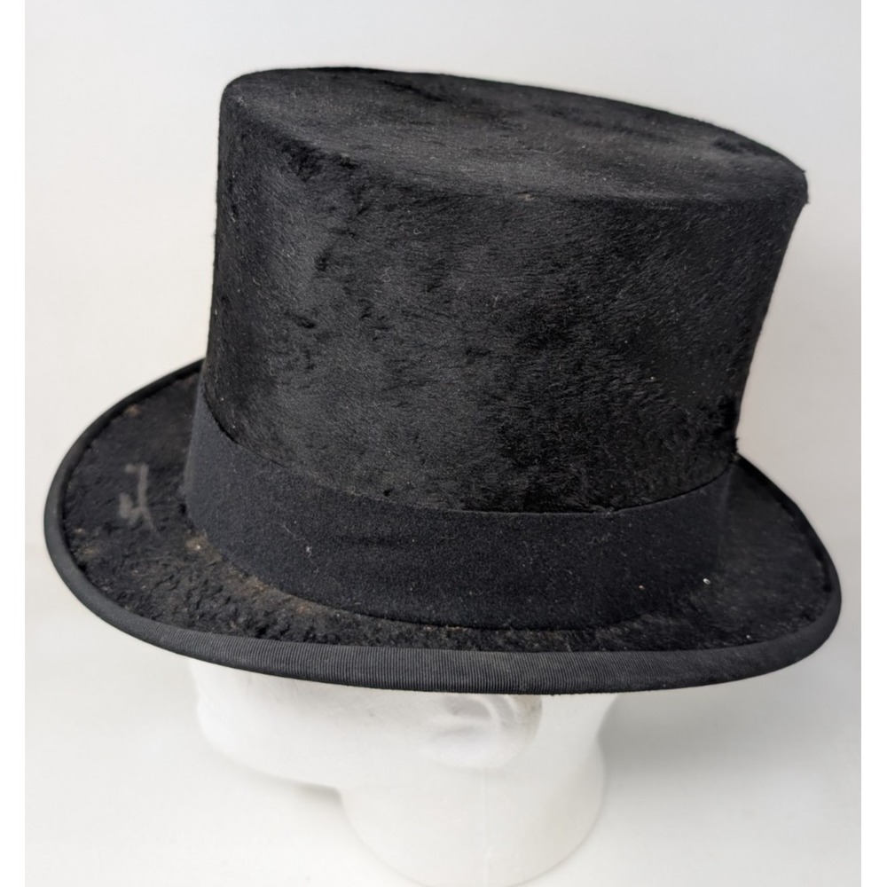 Antique Top Hat Size 7 Beaver Fur Felt Men's 1918 Black Vintage USA Made Worn